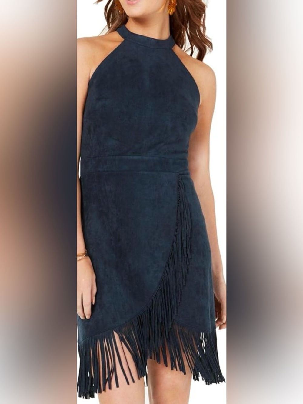 High-Neck Navy Fringe Mini Dress